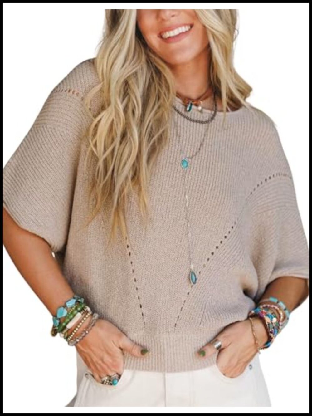 Womens Knit Sweater Half Batwing Sleeve Crew Neck Crochet Pullover Loose Casual